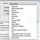 Screenshot of Zotero with options for Exporting the library into: BibLateX, Bibliontology RDF, BibTeX, Bookmarks, COinS, CSL JSON, CSV, Endnote XML, MODS, Refer/BibIX, RefWorks Tagged, RIS, Simple Evernote Export, TEI, Unqualified Dublin Core RDF